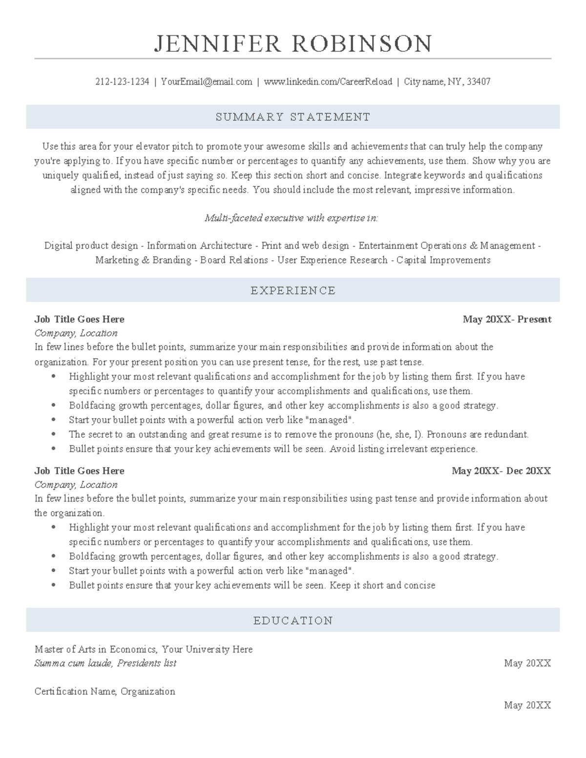 Resume-template - JENNIFER ROBINSON 212-123-1234 | YourEmail@email ...