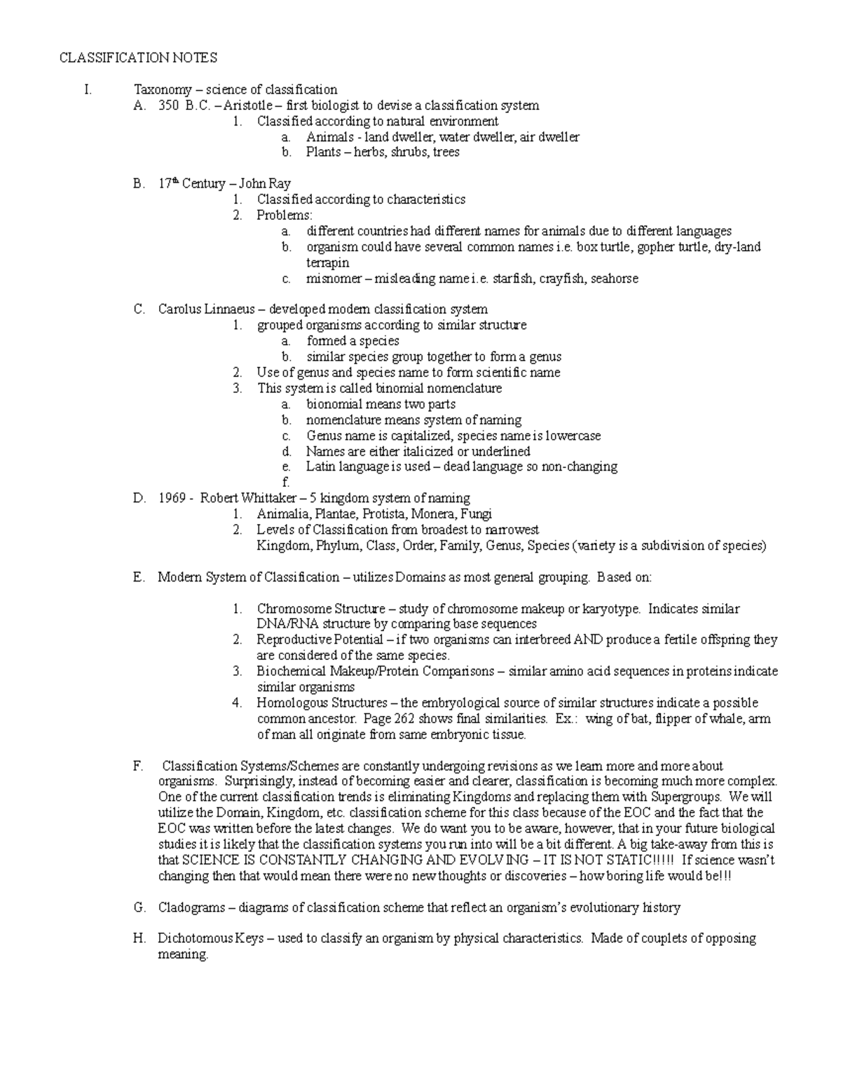 Classification notes-1 lhstypepad - CLASSIFICATION NOTES I. Taxonomy ...