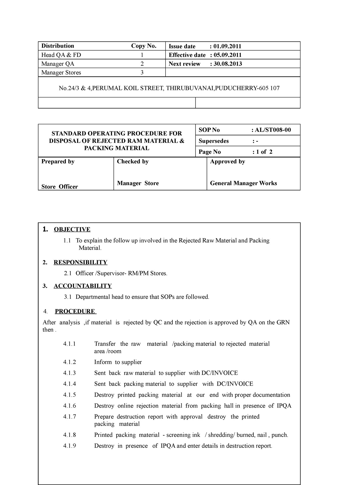 ST008 SOP for Rejected Material Distribution Copy No. Issue date 01