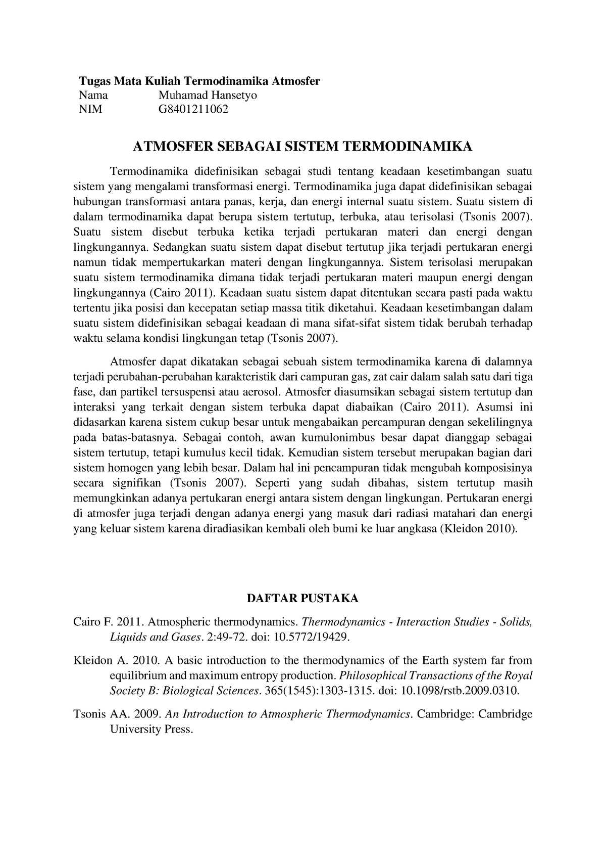 Atmosfer Sebagai Sistem Termodinamika - Tugas Mata Kuliah Termodinamika ...