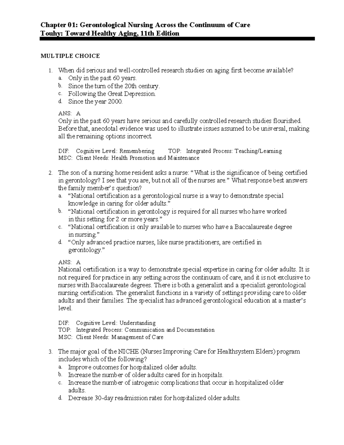 Toward Healthy Aging 11th Edition (Green Book B) Testbank - Chapter 01 ...