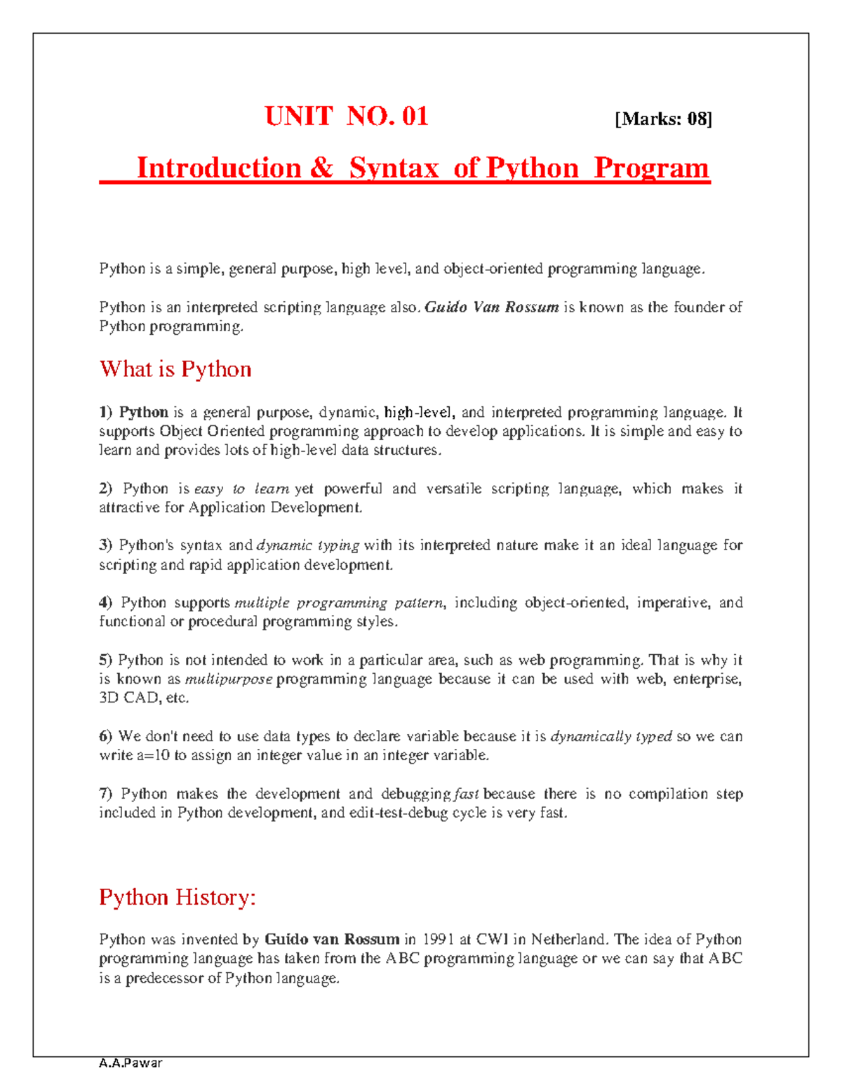 Unit 1 Introduction & syntax Of Python - UNIT NO. 01 [Marks: 08 ...