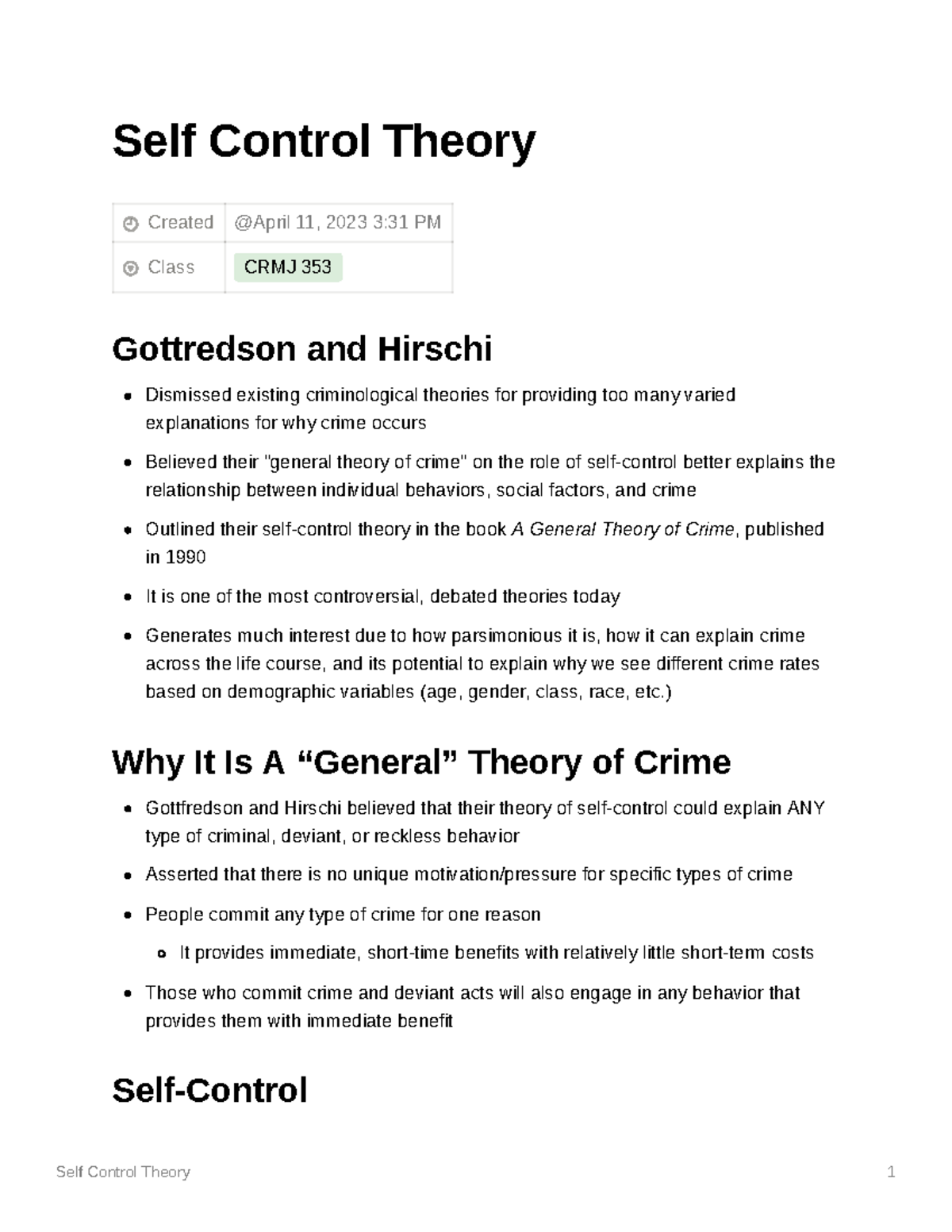 Self Control Theory - Self Control Theory Created Class CRMJ 353 ...