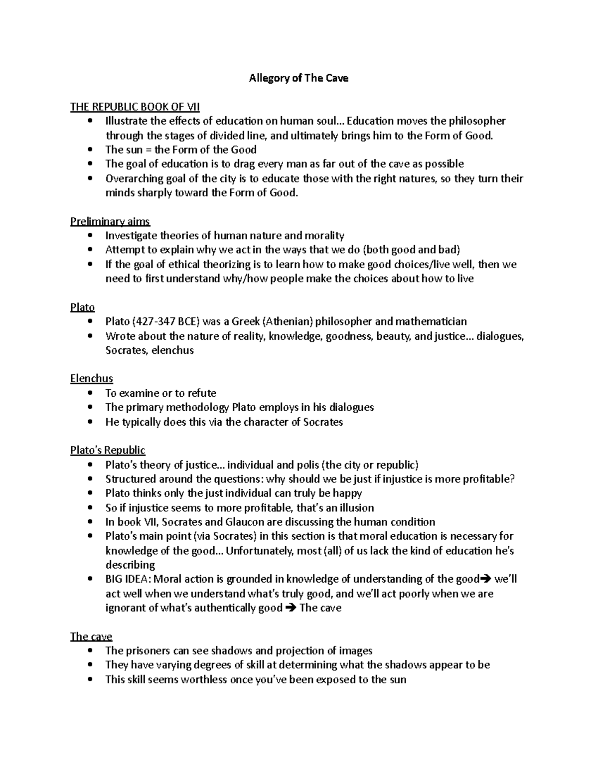 Ethics Justin Coates - Lecture notes for Exam 1 - Allegory of The Cave ...