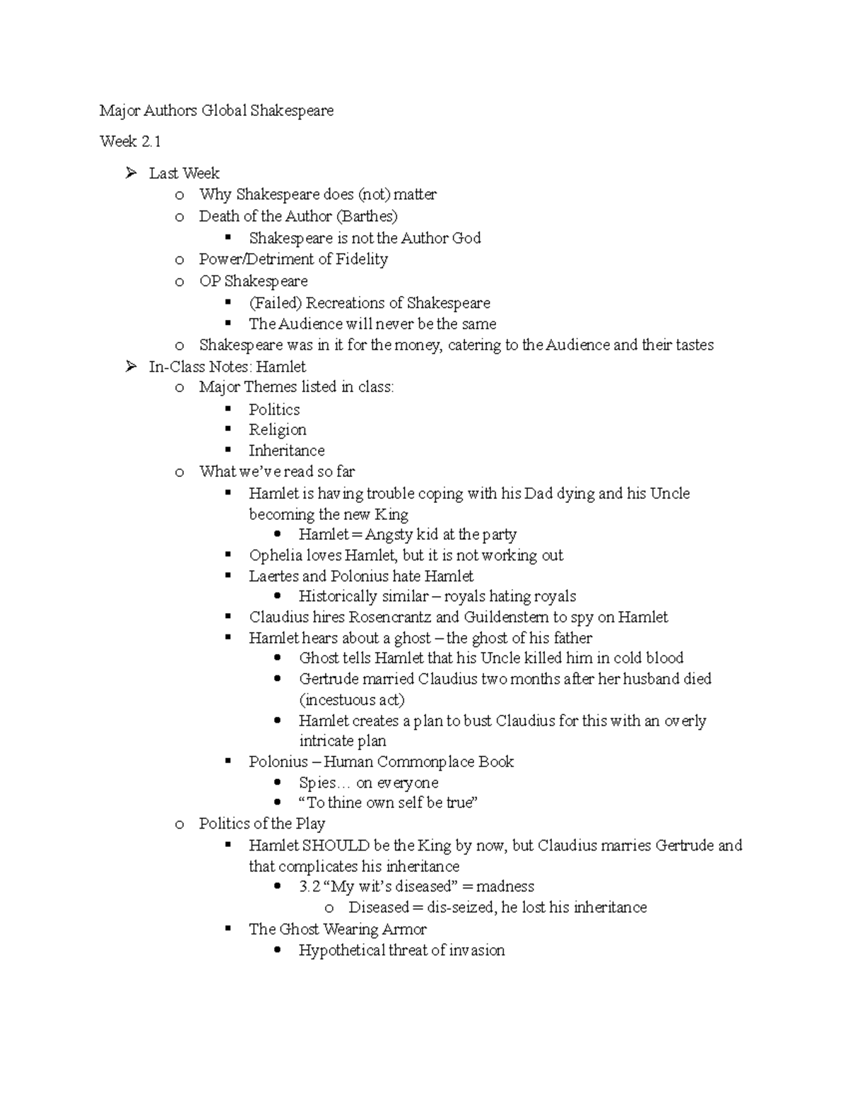 Major Authors Global Shakespeare Notes Week 2 - Last Week o Why ...