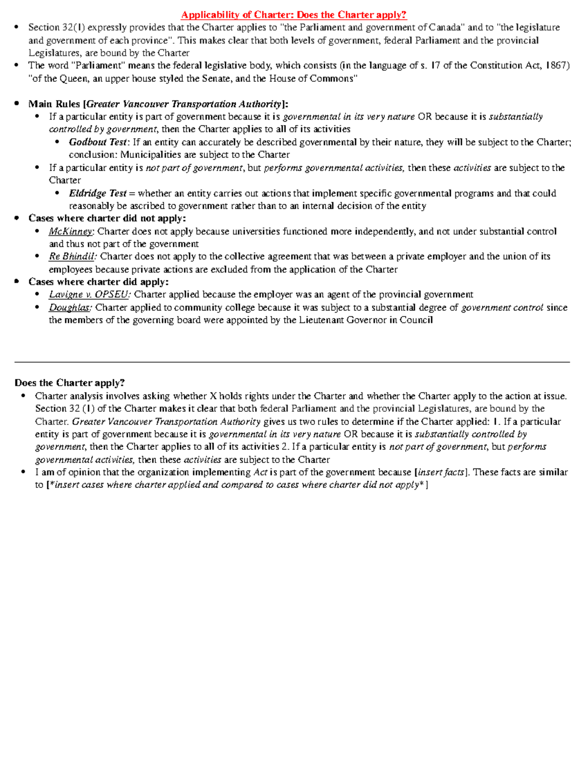 1. Charter Lectures Lecture summary Applicability of Charter Does the Charter apply