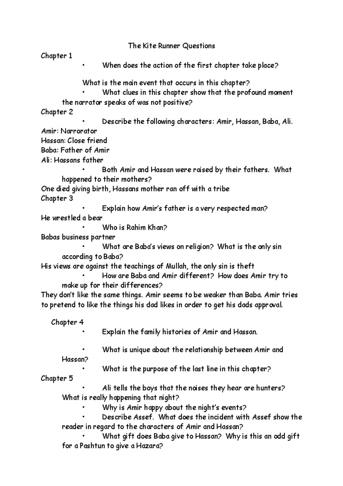 Chapter Questions kite runner The Kite Runner Questions Chapter 1 When does the action of the
