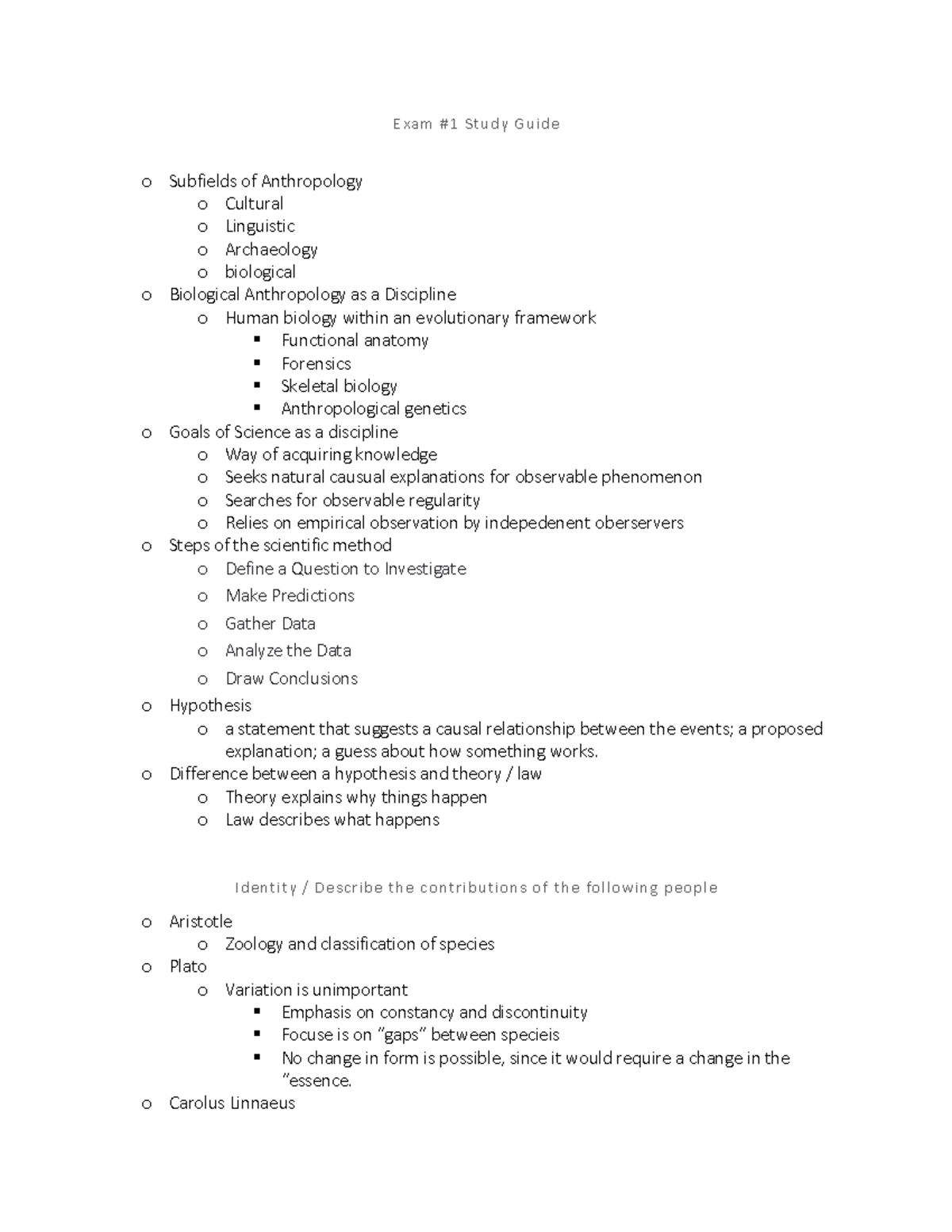 Exam 1 Biological Anthropology Exam 1 Study Guide o Subfields of