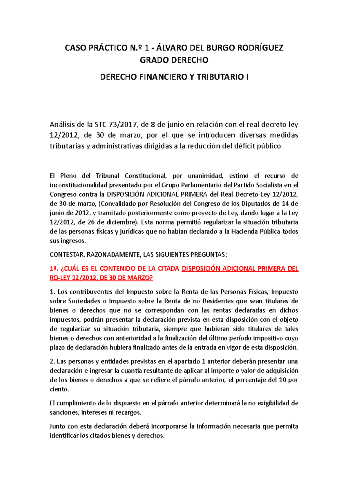 Práctica 1 Derecho Financiero Y Tributario I - CASO PRÁCTICO N.º 1 ...