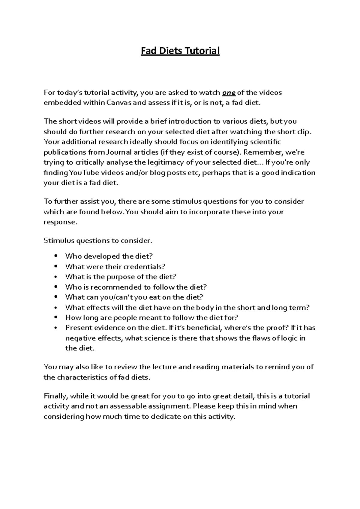 Fad diets Worksheet Fad Diets Tutorial For today’s tutorial activity