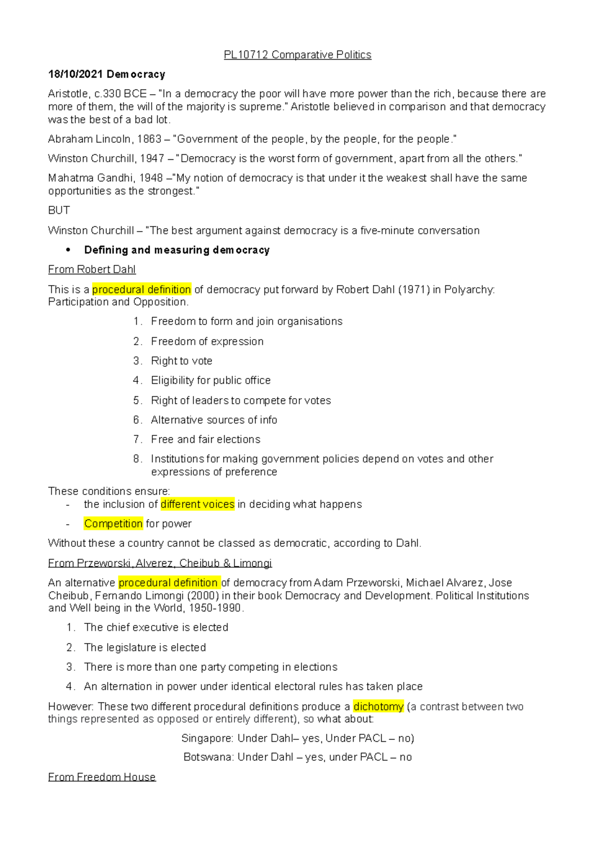 Lecture 3: Democracy - PL10712 Comparative Politics 18/10/2021 ...