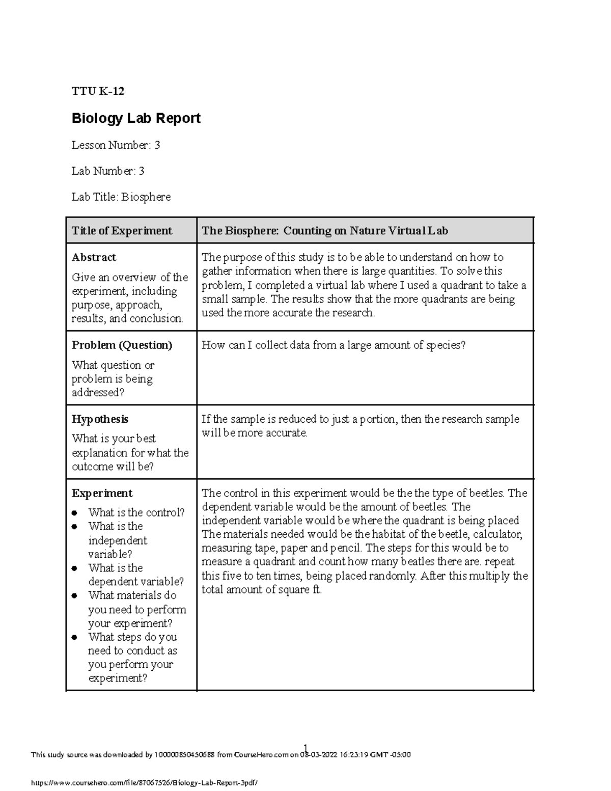 Biology Lab Report 3 - TTU K- Biology Lab Report Lesson Number: 3 Lab ...
