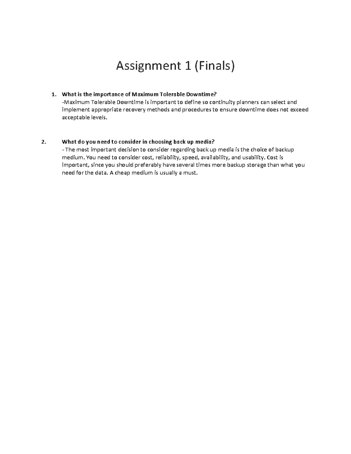 Maximum Tolerable Downtime Assignment 1 (Finals) What is the
