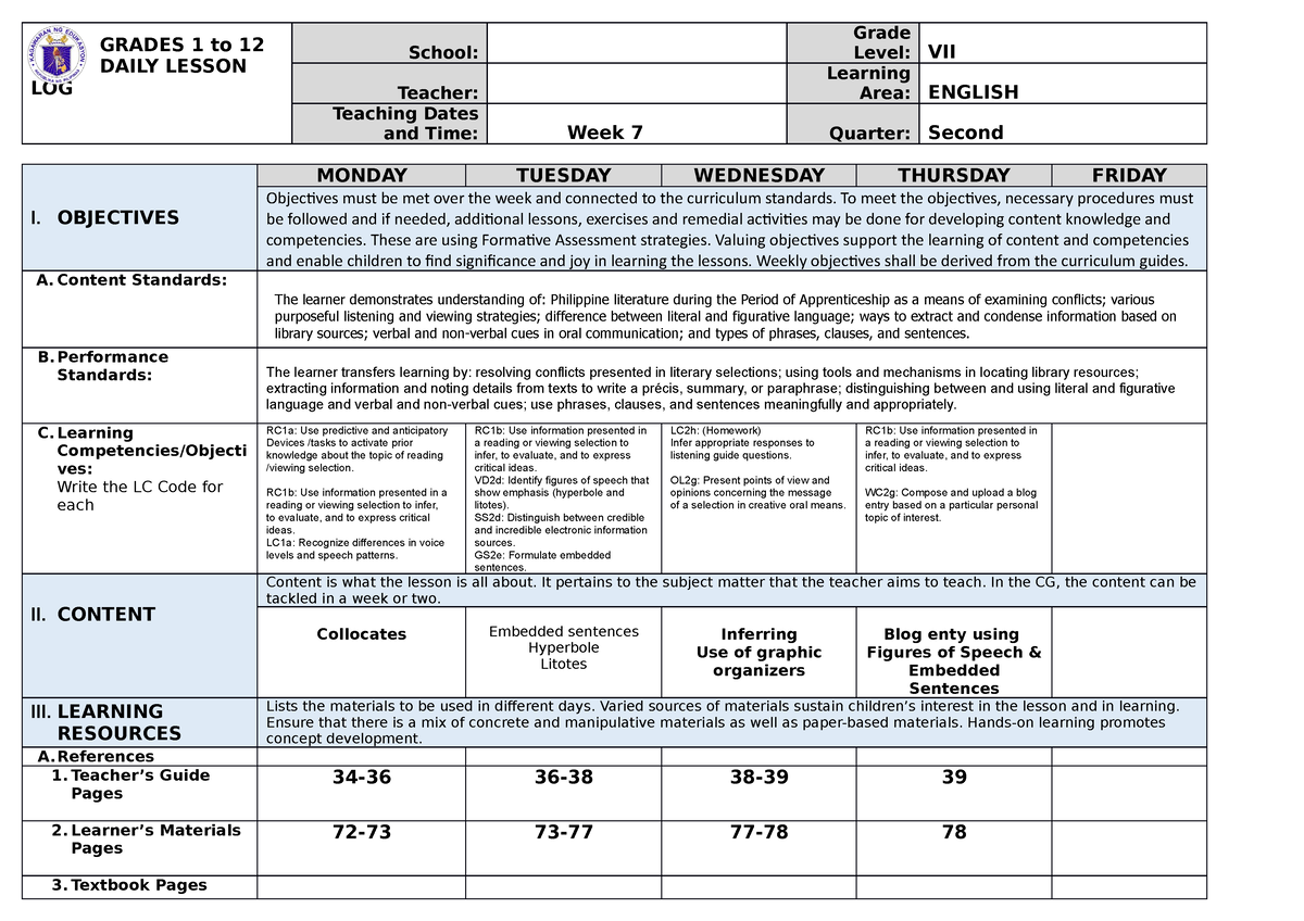 DLL 2nd Quarter Wk7 - GRADES 1 To 12 DAILY LESSON LOG School: Grade ...