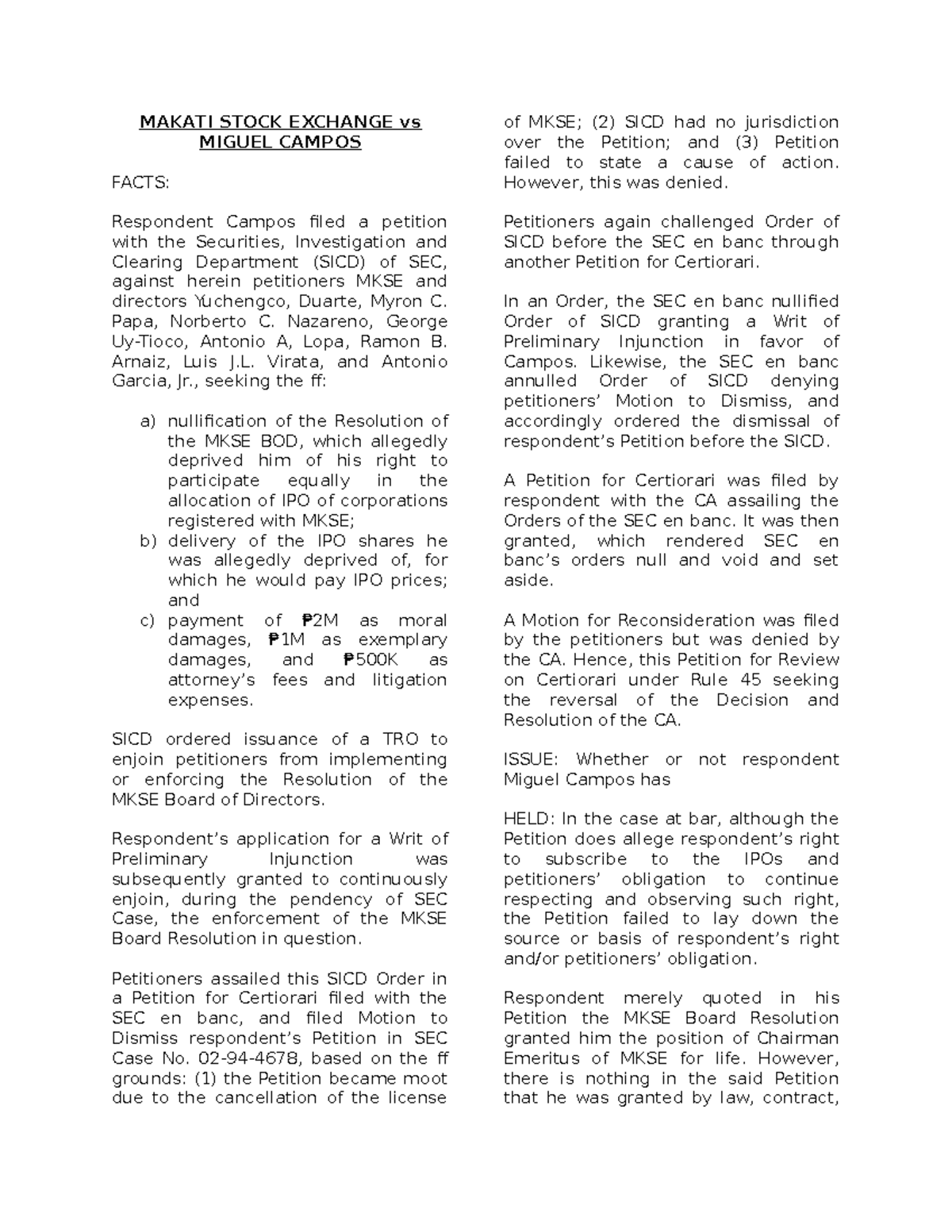 3 Makati Stock Exchange VS Campos MAKATI STOCK EXCHANGE vs MIGUEL