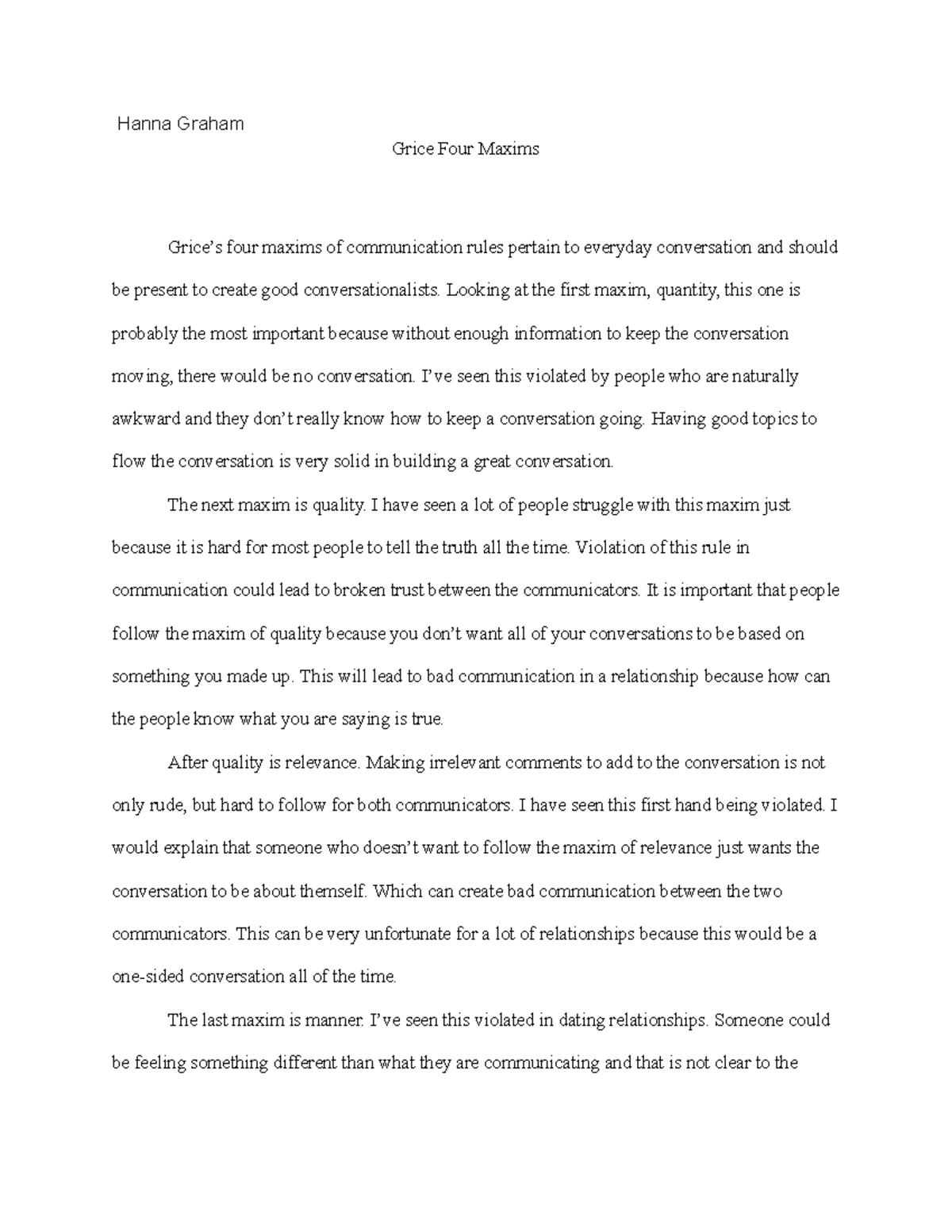 Grice's 4 maxims - Hanna Graham Grice Four Maxims Grice’s four maxims ...