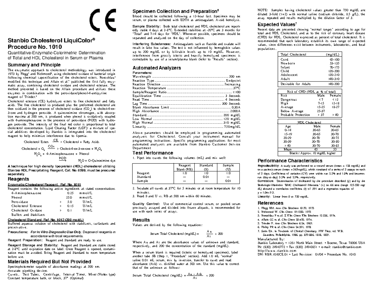 Stanbio Cholesterol Procedure Manual Stanbio Cholesterol LiquiColor