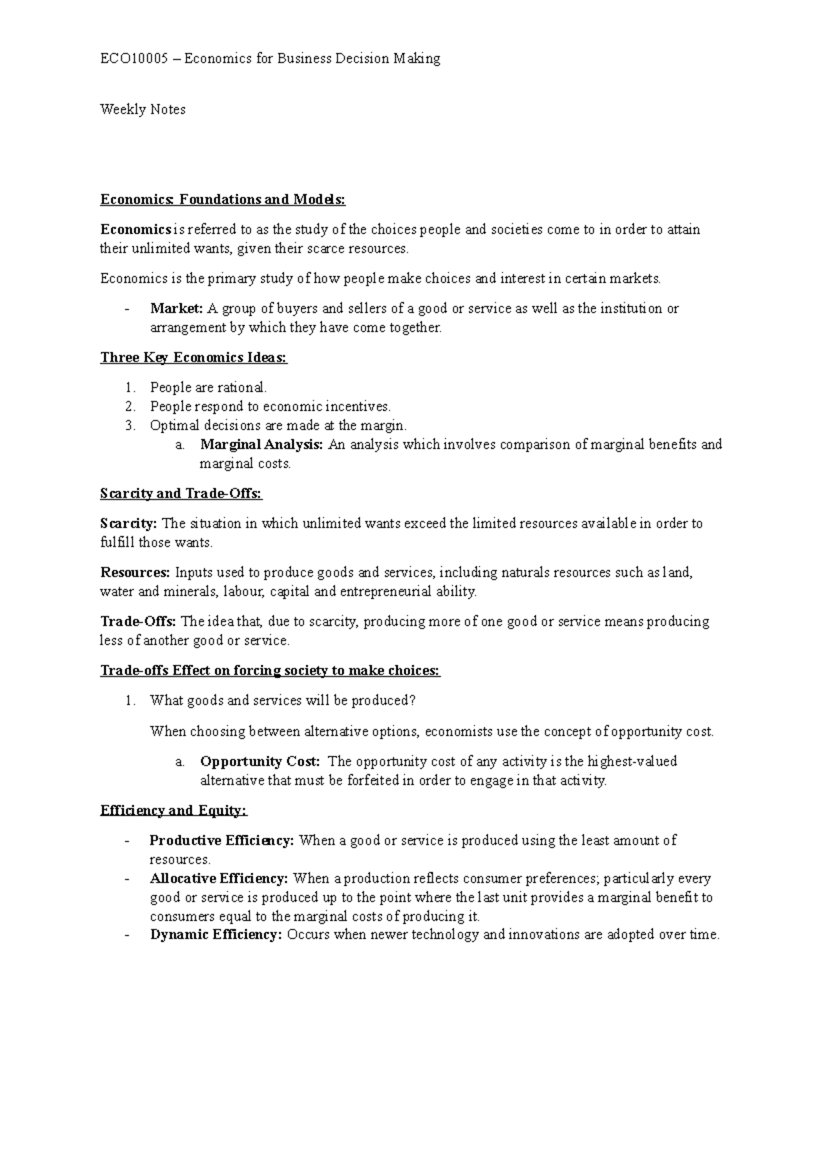 Weekly Notes Weekly Notes Economics Foundations and Models Economics is referred to as the