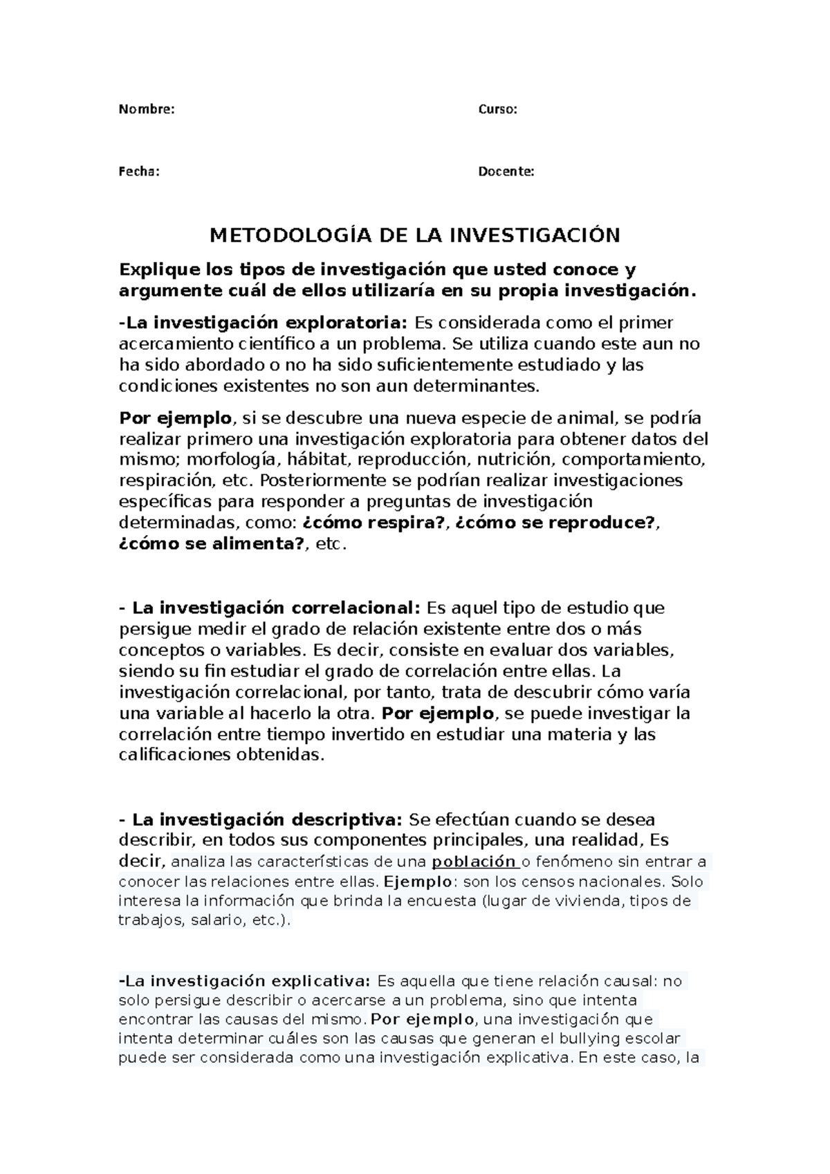 Metodologia De La Investigacion Tarea#1 - Nombre: Curso: Fecha: Docente ...