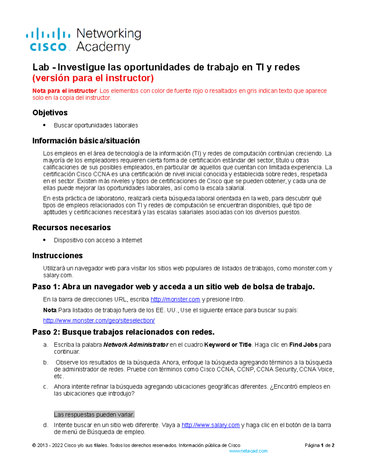 1.9.3 Lab -Investigue las oportunidades de trabajo en TI y redes - Lab ...