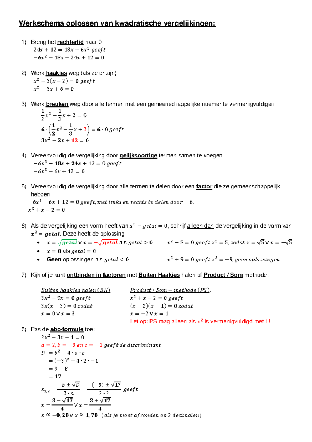 Werkschema Oplossen Van Kwadratische Vergelijkingen - Deze Heeft De ...