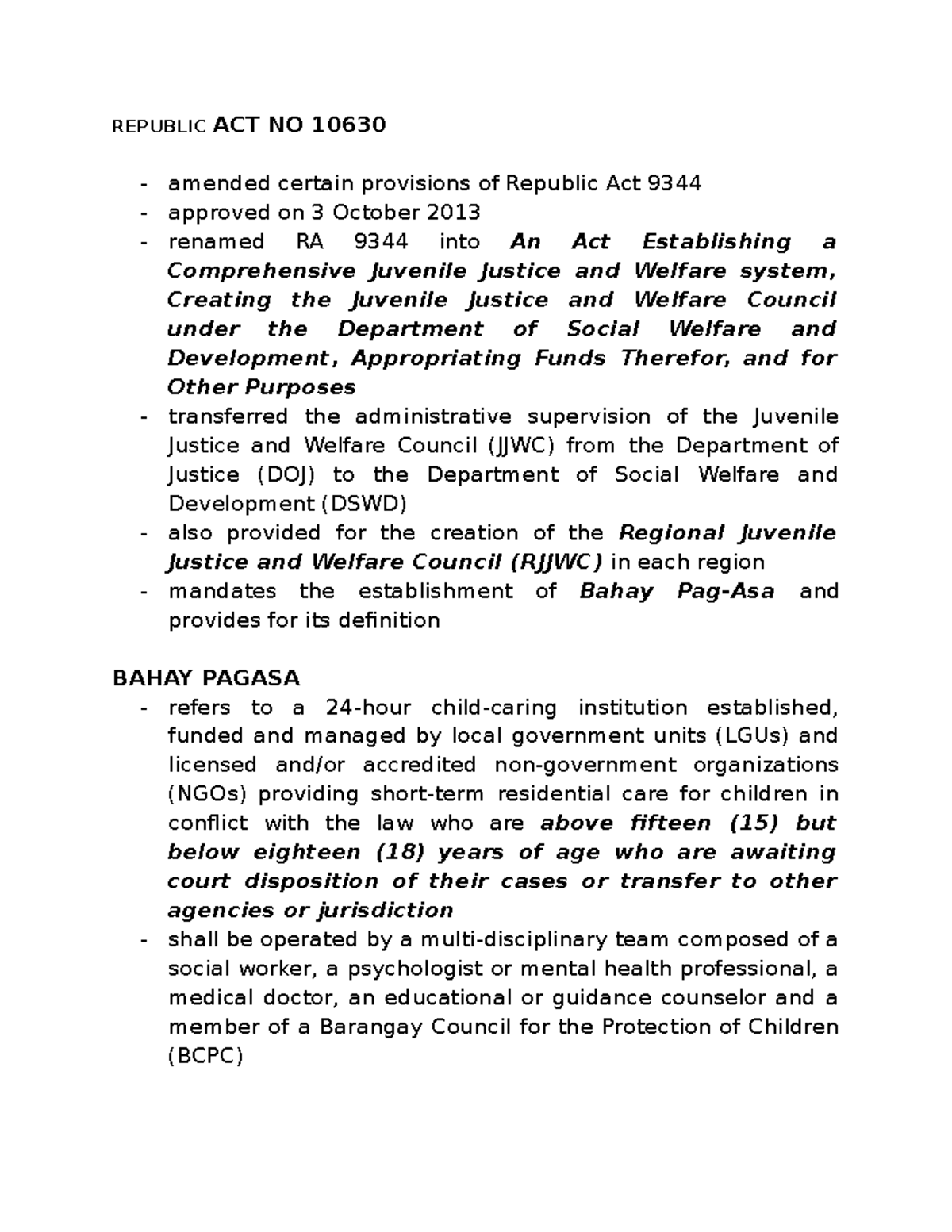 Additional notes for crim4, ra 10630 - REPUBLIC ACT NO 10630 amended ...