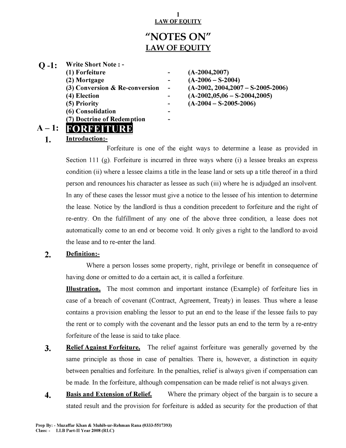 Notes on Law of Equity - LAW OF EQUITY ìNOTES ONî LAW OF EQUITY Q