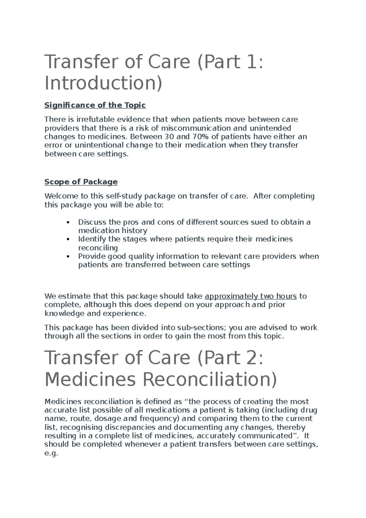 Transfer of Care - Between 30 and 70% of patients have either an error ...