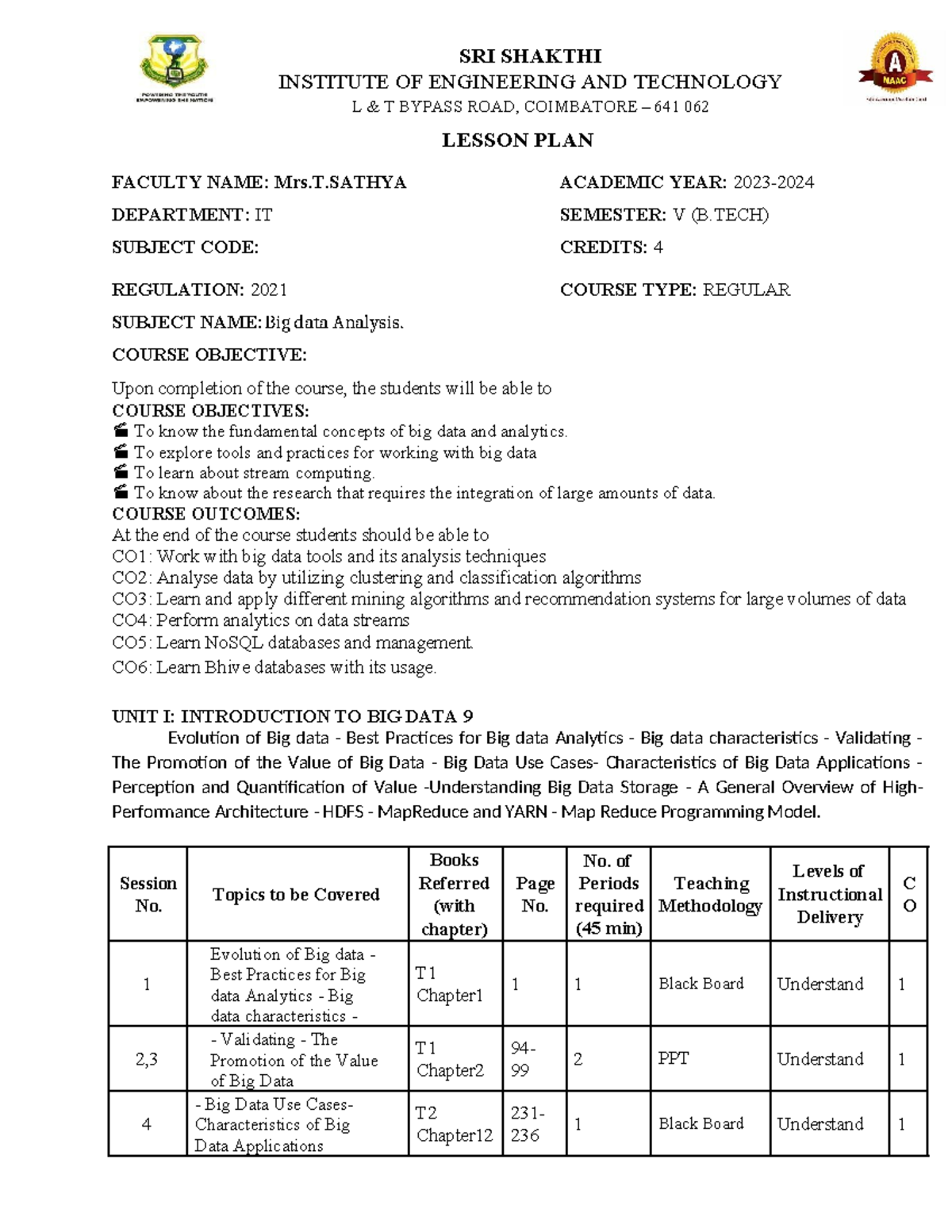 Big data analysis lesson plan - SRI SHAKTHI INSTITUTE OF ENGINEERING ...