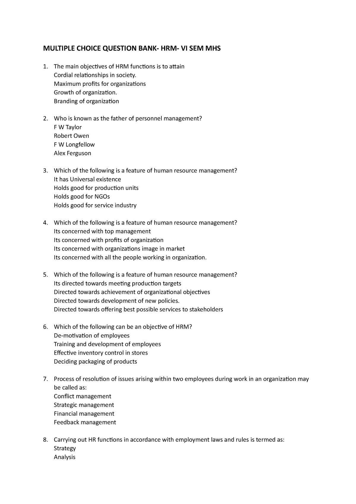 Human Resources Management Question Bank - MULTIPLE CHOICE QUESTION ...