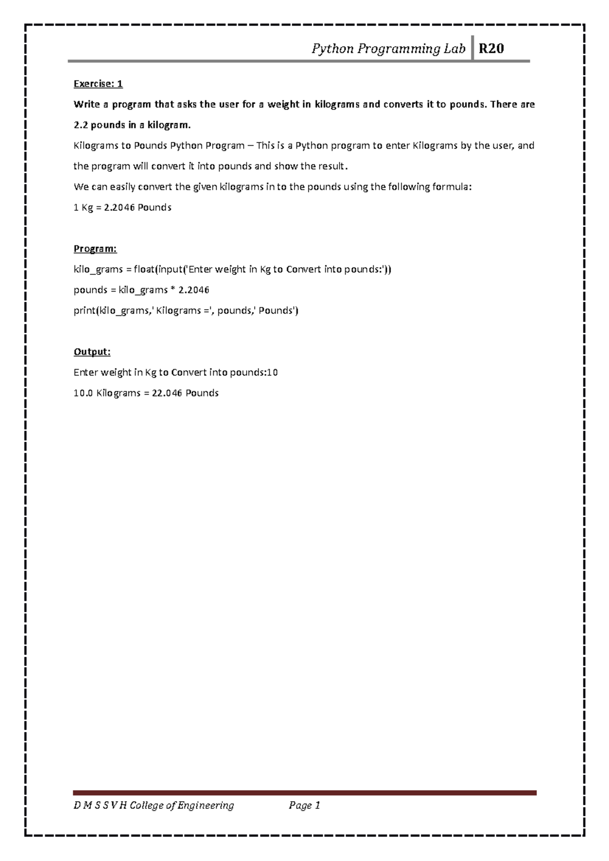 Python Lab Manual 1ST YR - Exercise: 1 Write a program that asks the ...