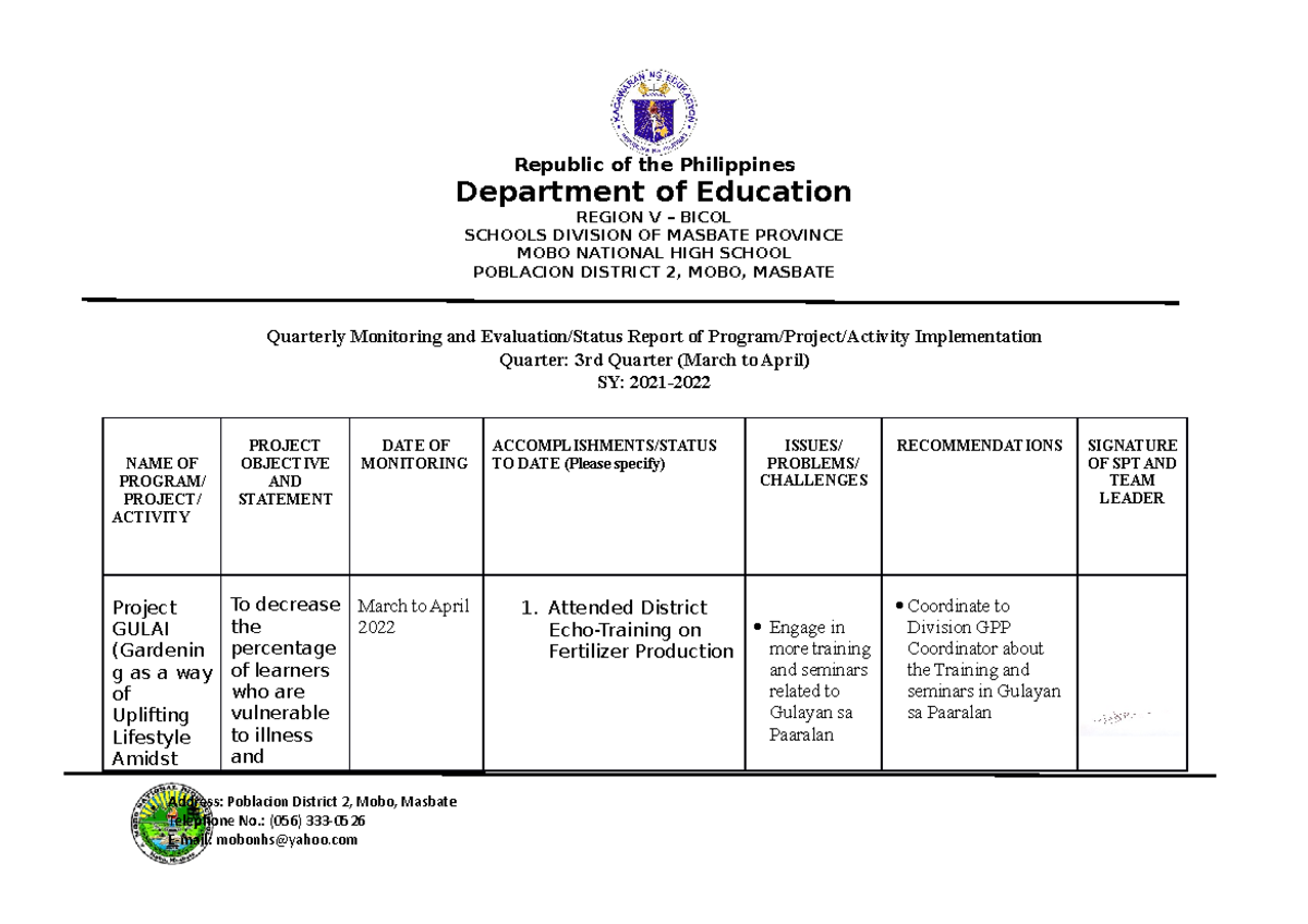 Gulayan Status Report 3RD - Republic of the Philippines Department of ...