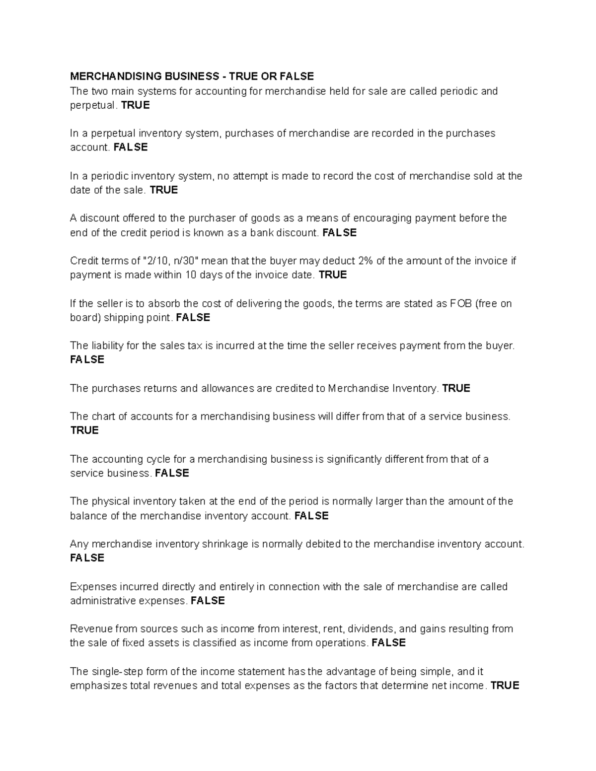 Merchandising Business Questions MERCHANDISING BUSINESS TRUE OR