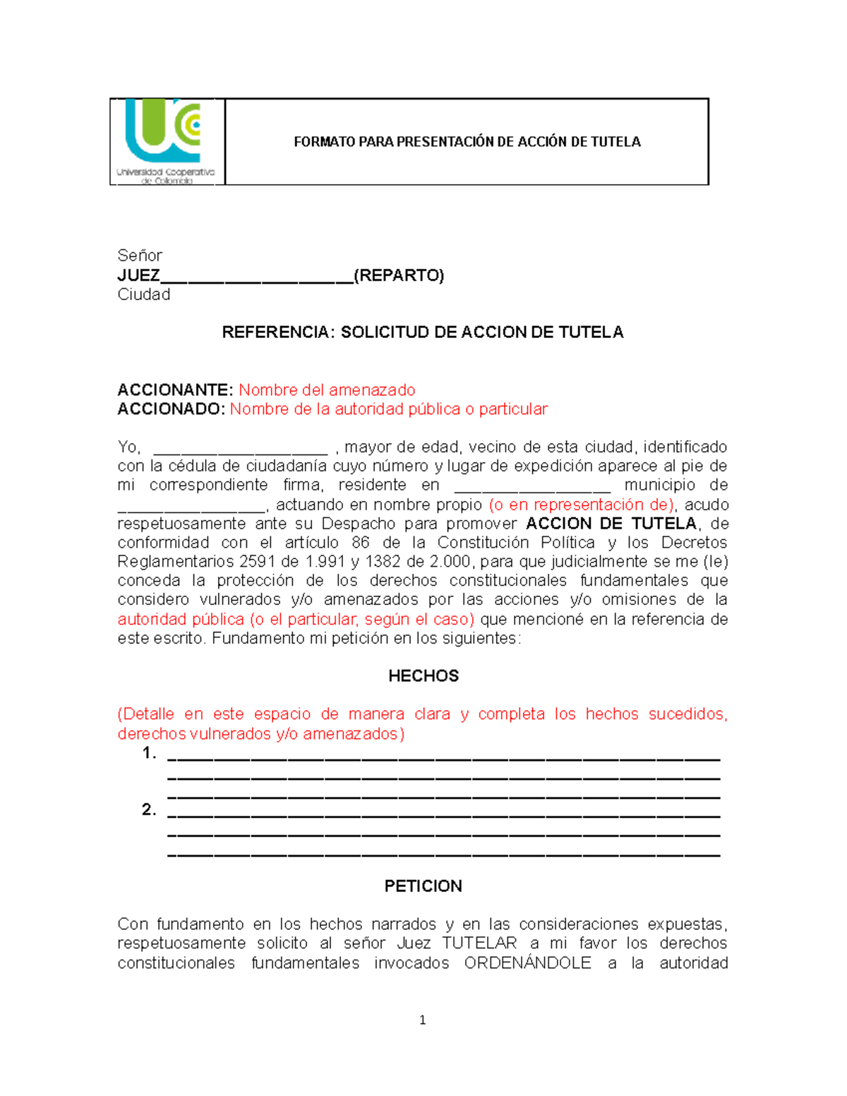 1 a c Formato de Tutela - FORMATO PARA PRESENTACIÓN DE ACCIÓN DE TUTELA ...