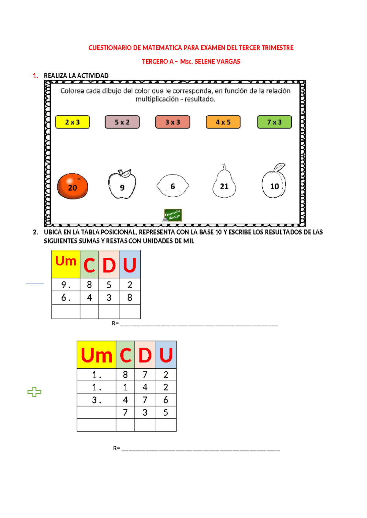 Cuestionario DE Matematica PARA Examen DEL Tercer Trimestre ...