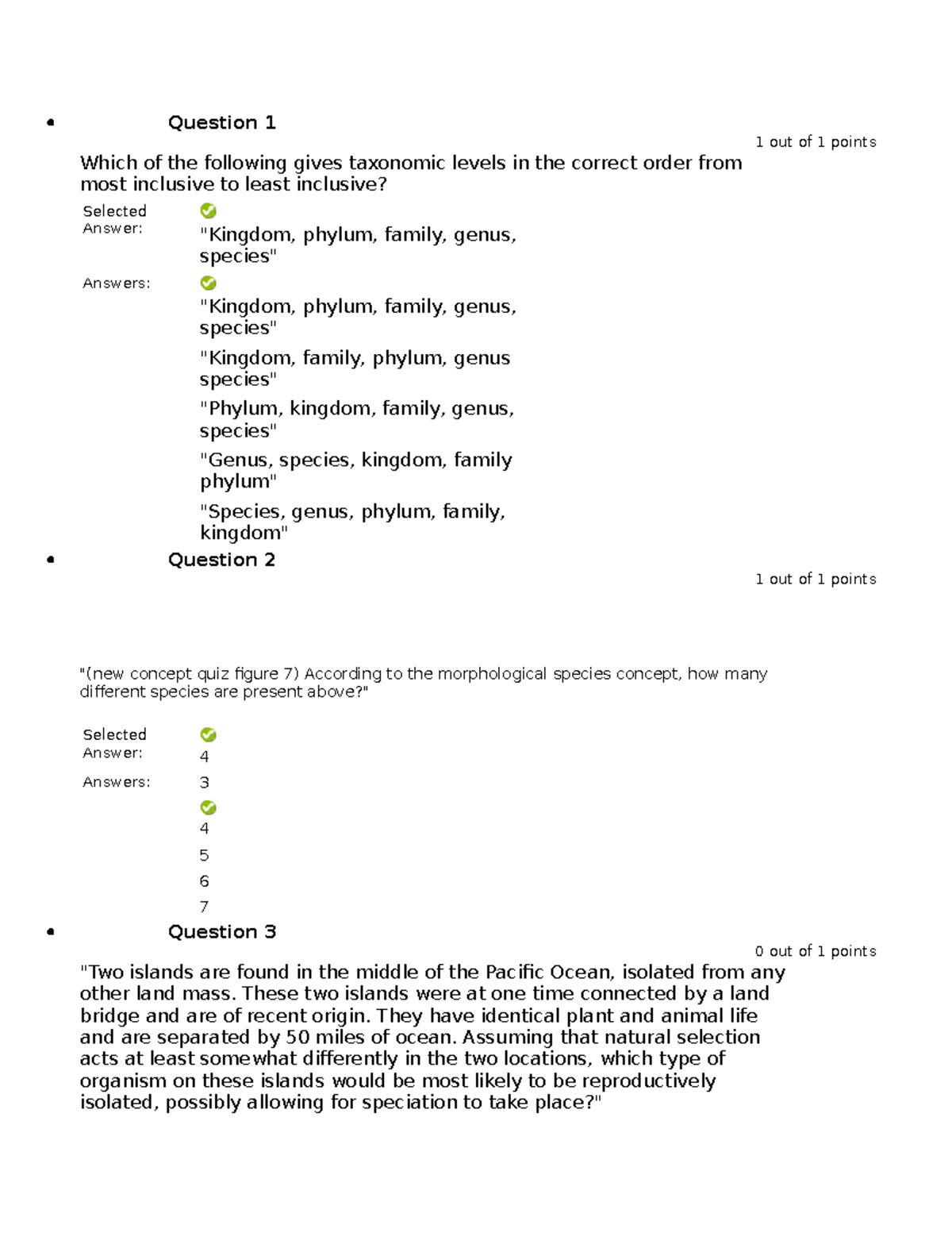 Species Quiz These are some answers to quizzes Professor True posted
