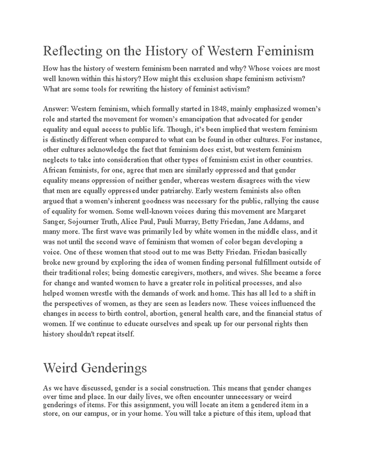 Womens studies - These are all of the write ups that cover the course ...
