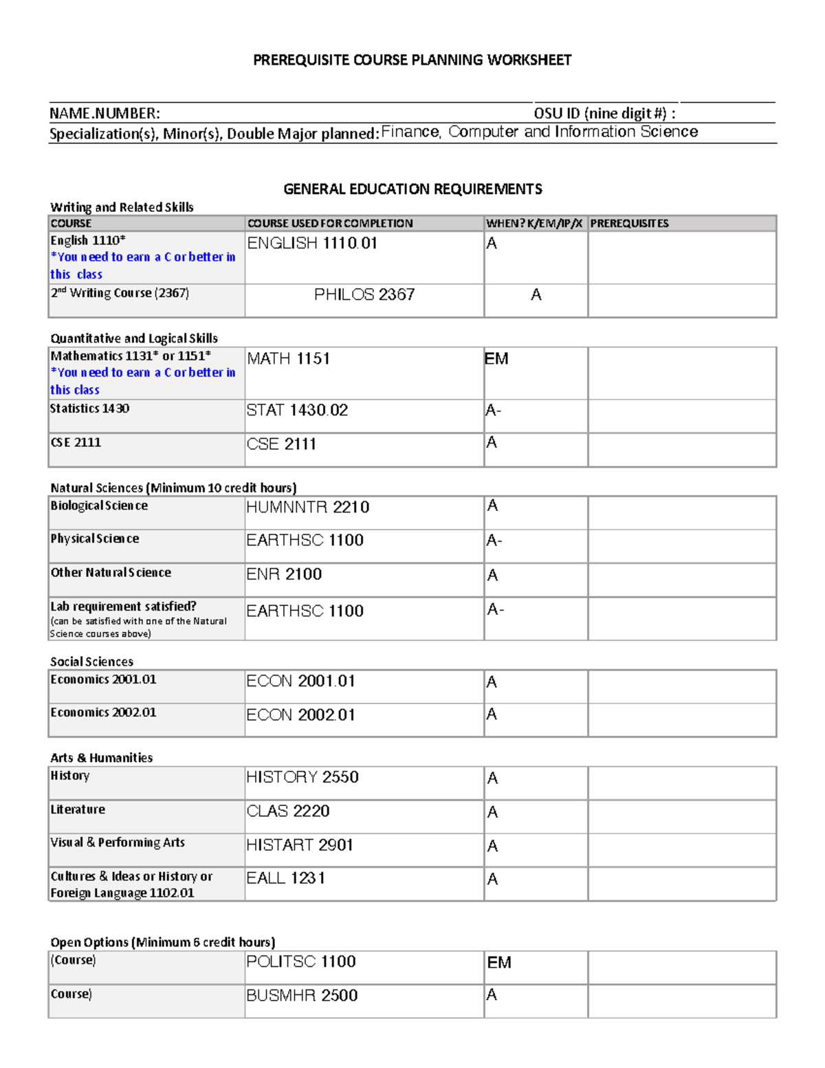 Prerequisite Sheet Homework PREREQUISITE COURSE PLANNING WORKSHEET