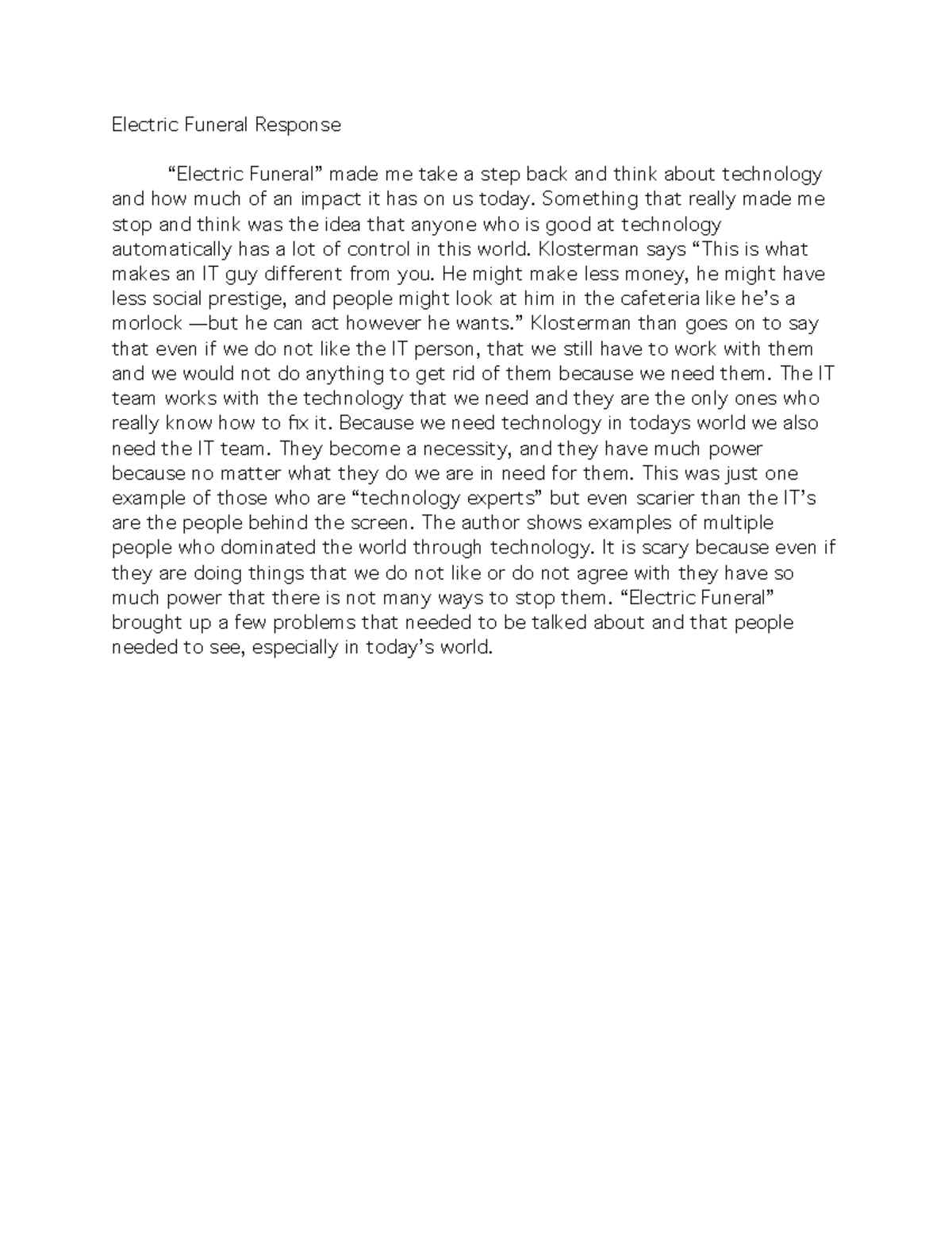 "Electric Funeral" Reading Response Electric Funeral Response