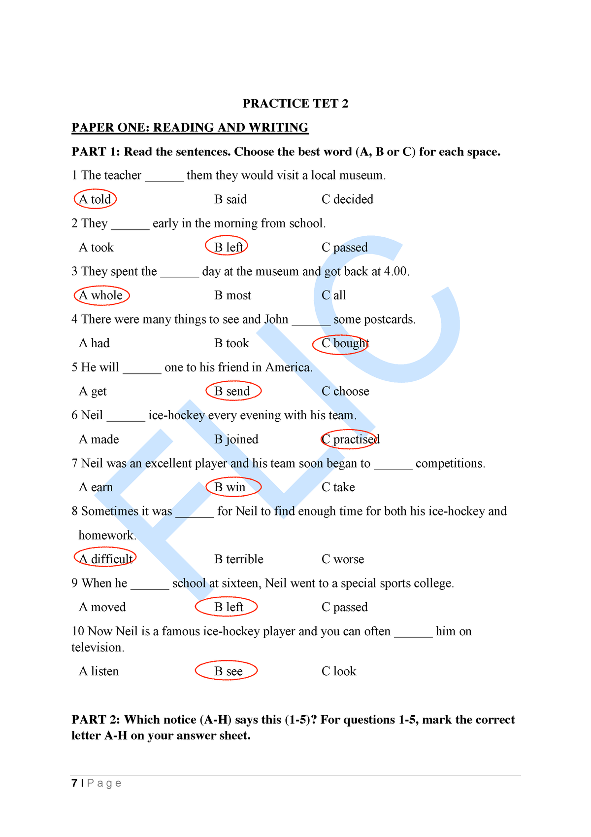 A2 TEST 2 đáp án - ráng học nhe - PRACTICE TET 2 PAPER ONE: READING AND ...