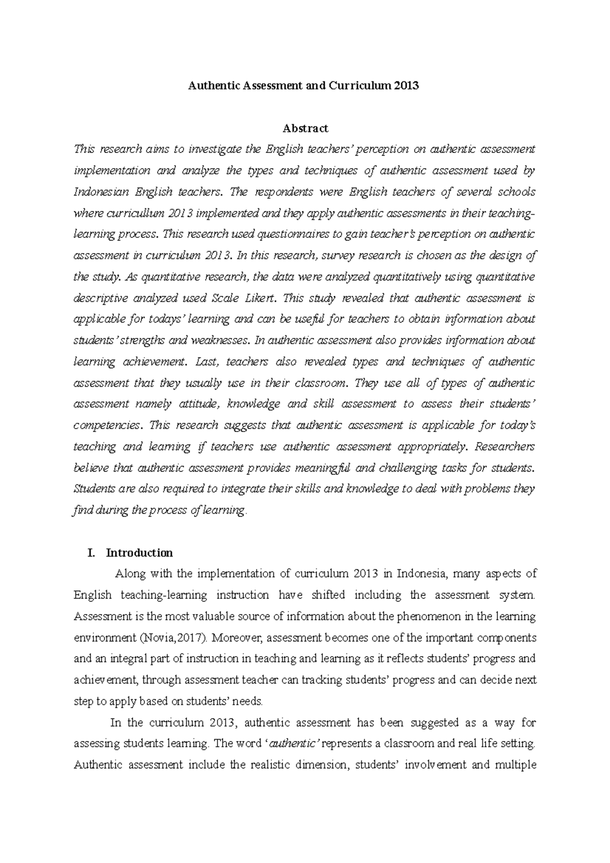 Authentic Assessment and Curriculum 2013 - The respondents were English ...