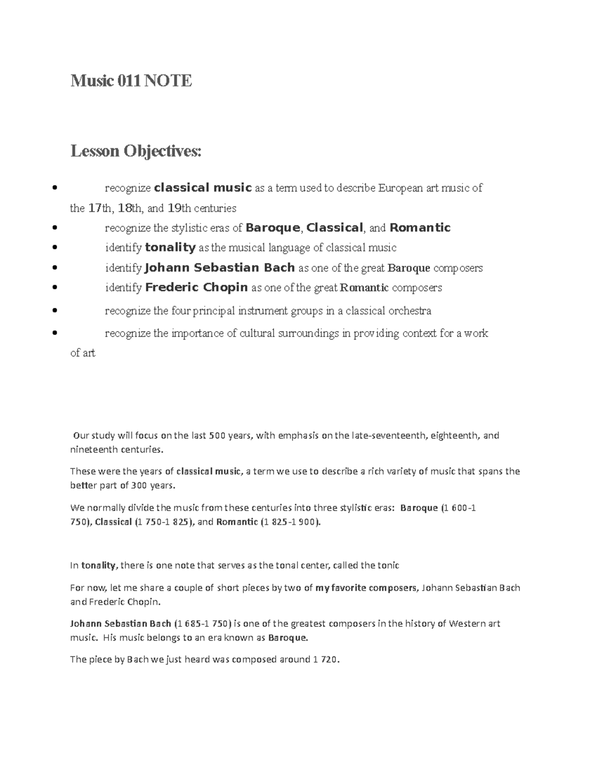 Docx - Lecture notes All - Music 011 NOTE Lesson Objectives: recognize ...