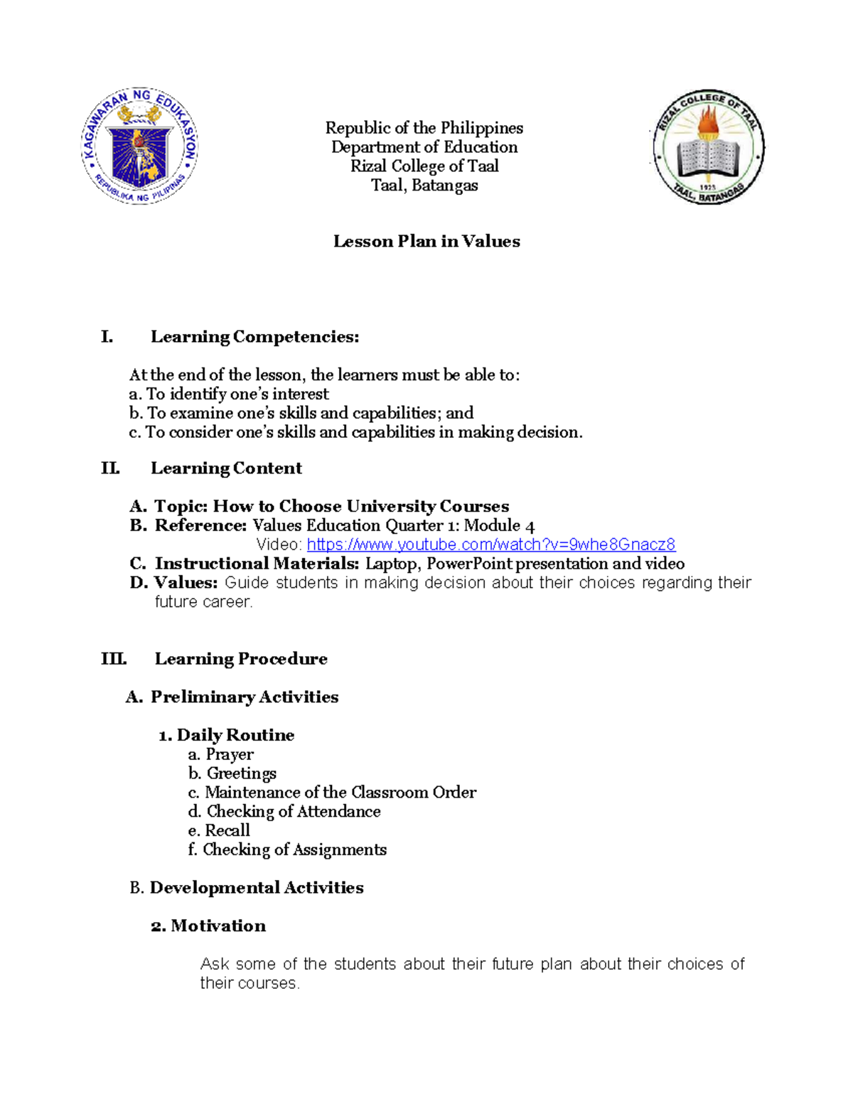Values Integration Demo Lesson Plan In Filipino Vi – eroppa