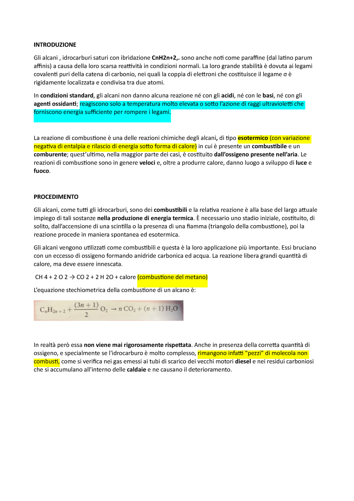 Reazione di combustione - INTRODUZIONE Gli alcani , idrocarburi saturi con  ibridazione CnH2n+2,. - Studocu