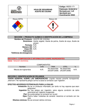 HOJA DE Seguridad Aceite DE Cocina - HOJA DE SEGURIDAD ACEITE DE COCINA  Publicado: 03/06/ Revisado - Studocu