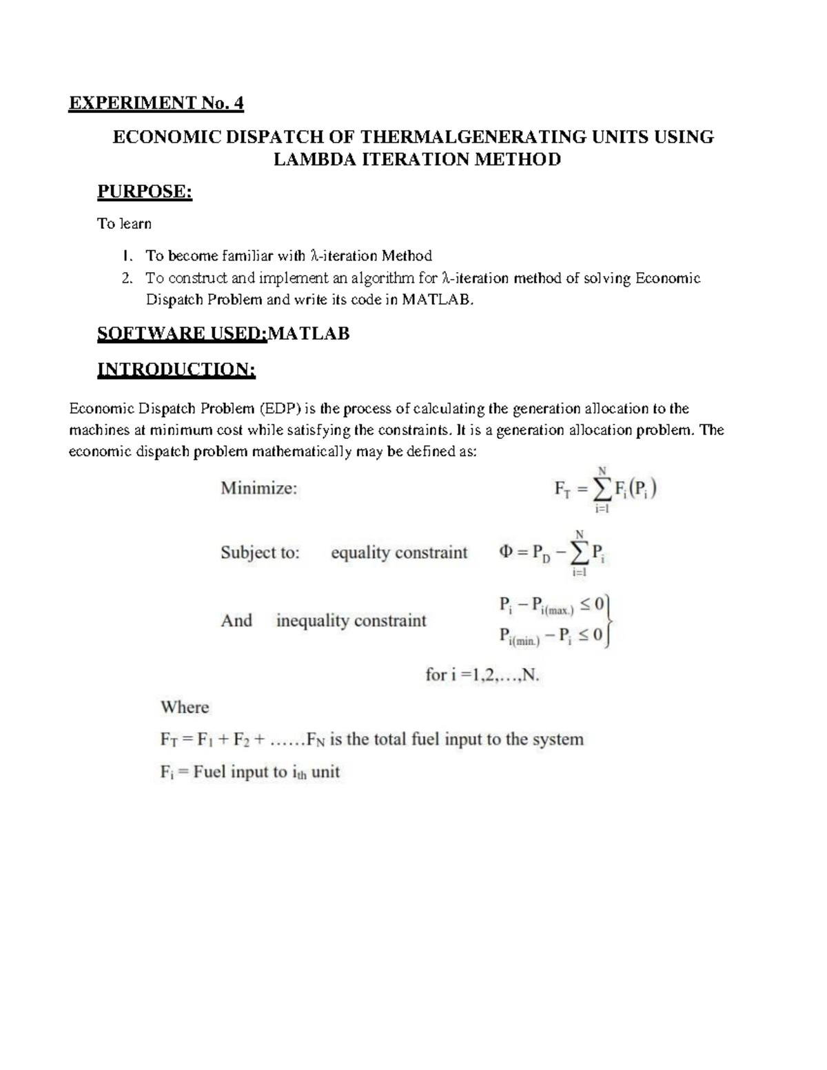 Experiment No 4 - Report - EXPERIMENT No. 4 ECONOMIC DISPATCH OF ...