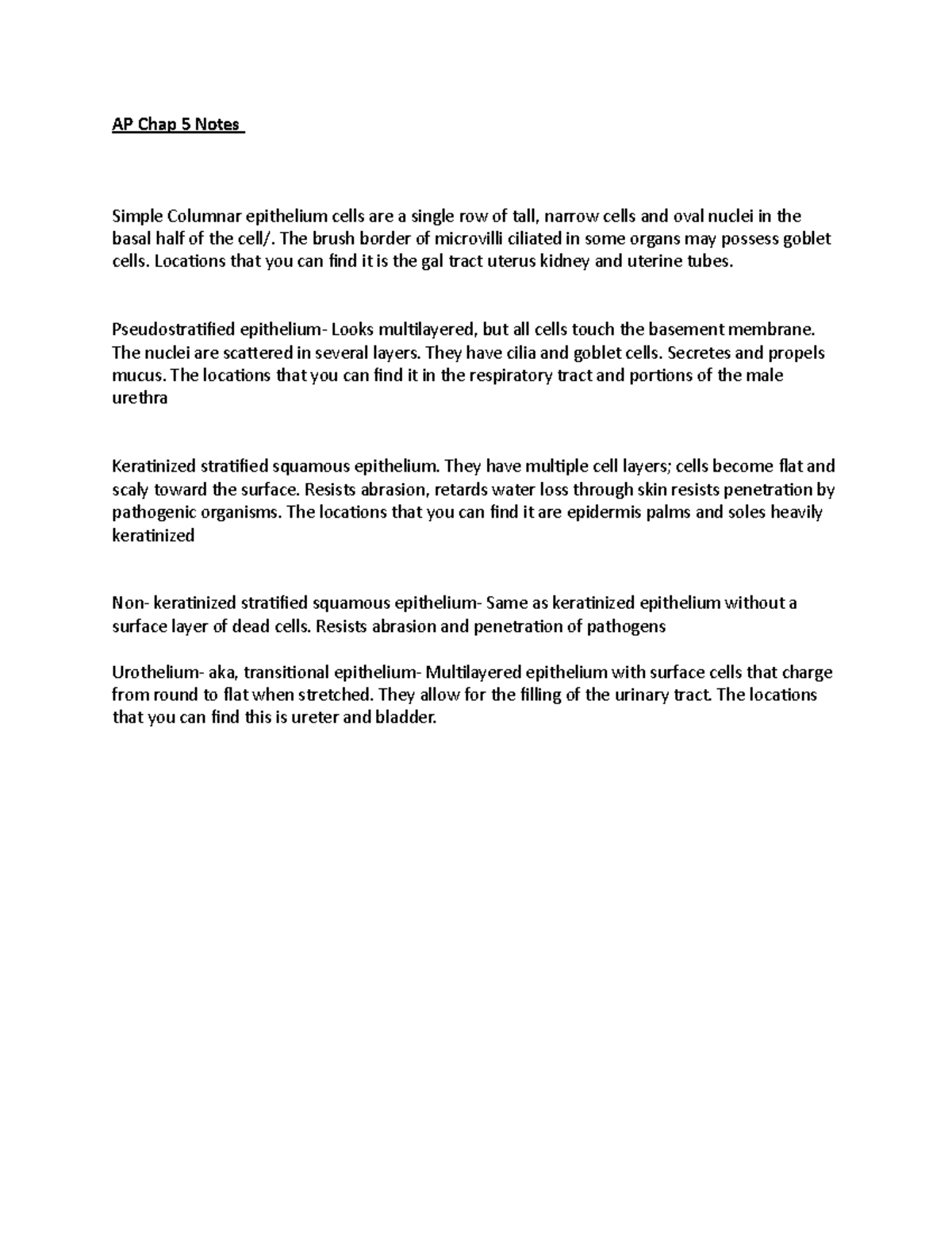 AP Chap 5 - AP Chap 5 - AP Chap 5 Notes Simple Columnar epithelium ...