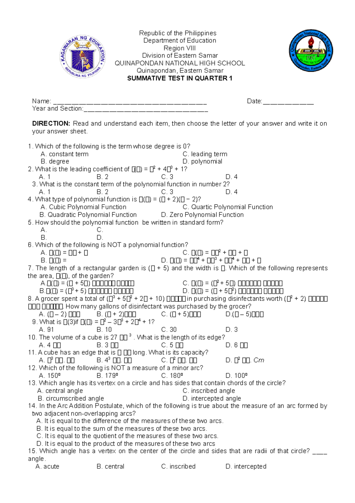 Summative Exam in Grade 10 Math Quarter 2 - Republic of the Philippines ...