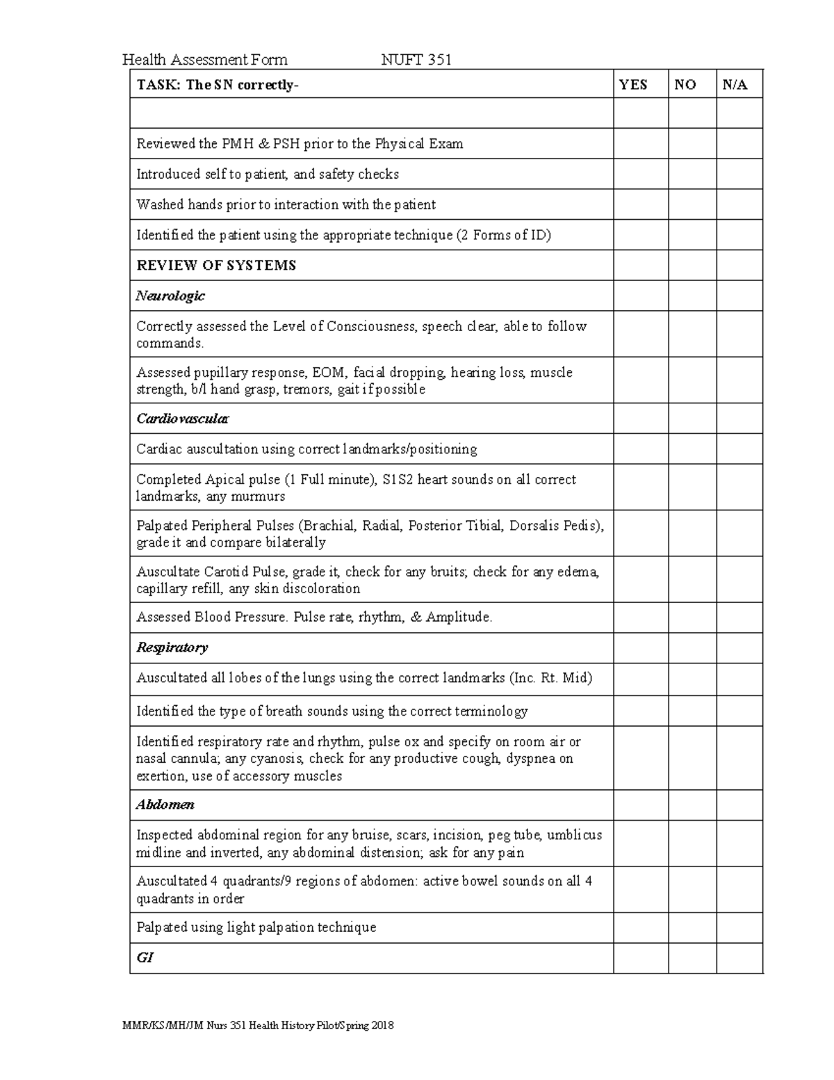 NUFT 351 Health Assessment Form 3 - Health Assessment Form NUFT 351 ...