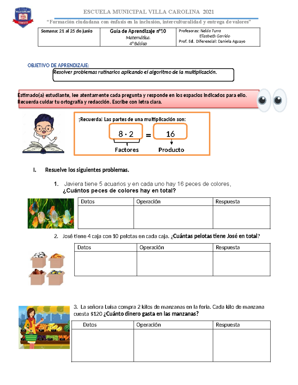 Guia n°10 matematica 4 basico - Datos Operación Respuesta Datos ...